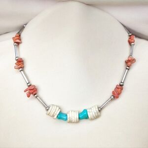 Antique sterling Navajo Heishi coral and turquoise choker necklace